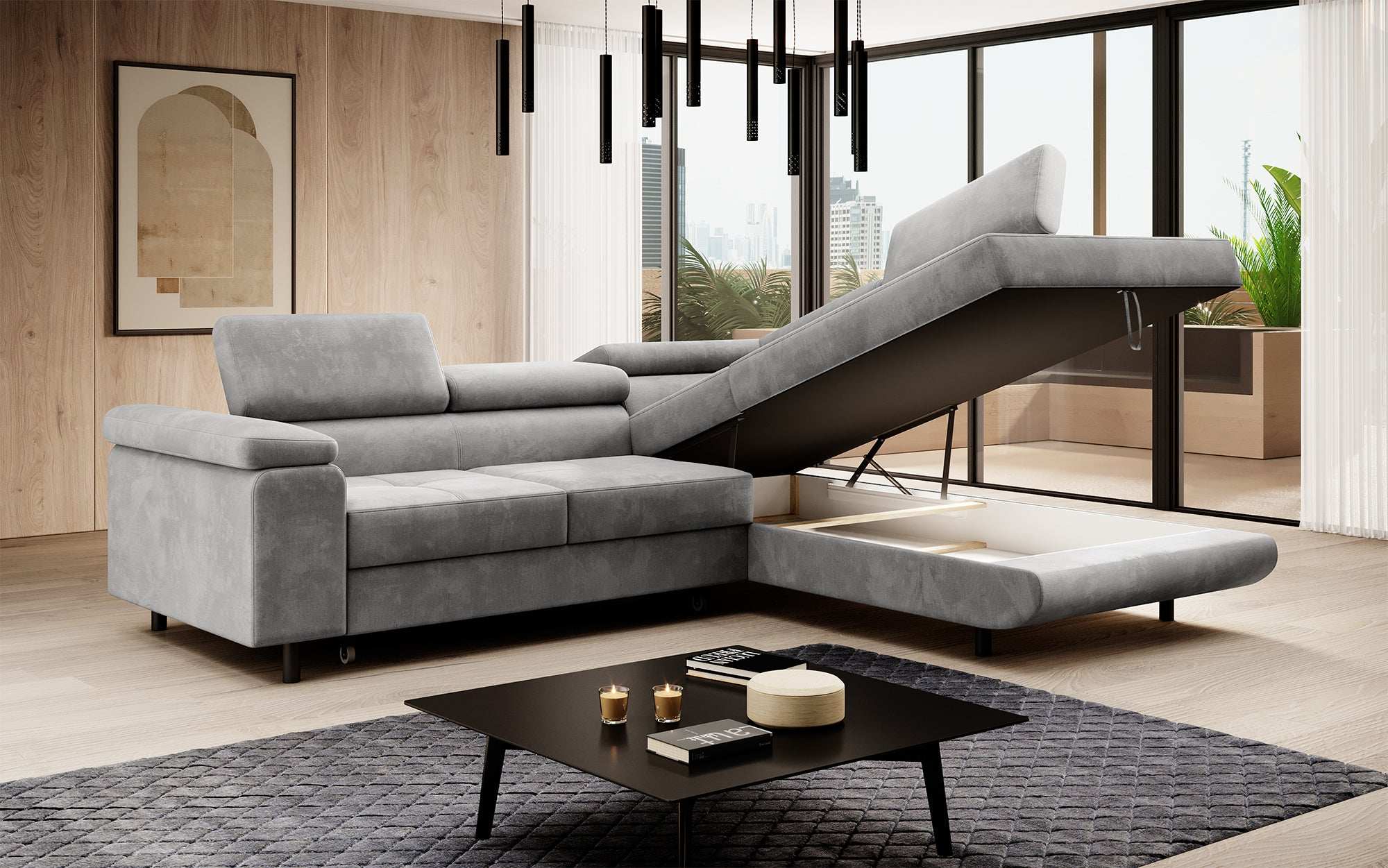 Canapé designer Costa avec fonction couchage et rabattable en Velours