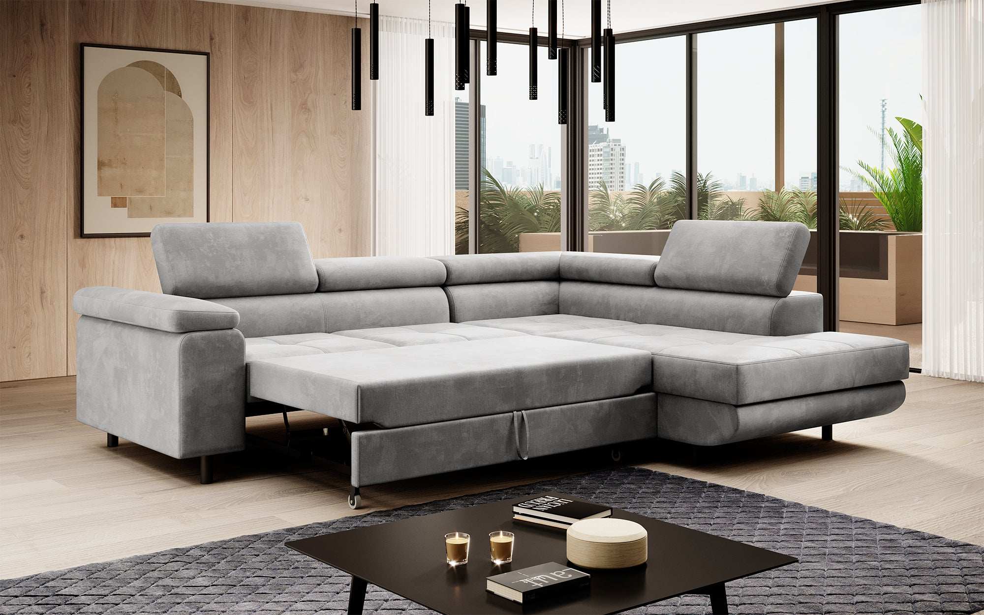 Canapé designer Costa avec fonction couchage et rabattable en Velours