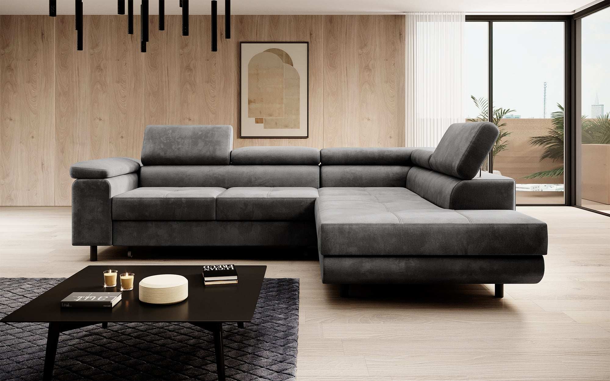 Canapé designer Costa avec fonction couchage et rabattable en Velours