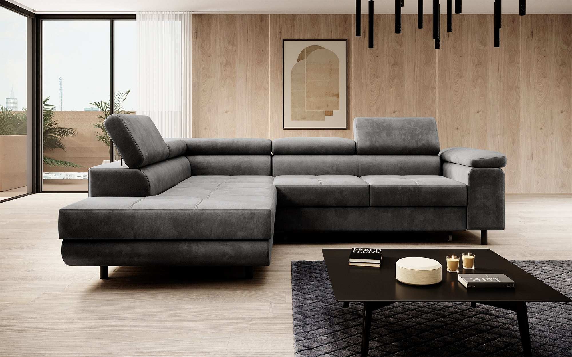 Canapé designer Costa avec fonction couchage et rabattable en Velours