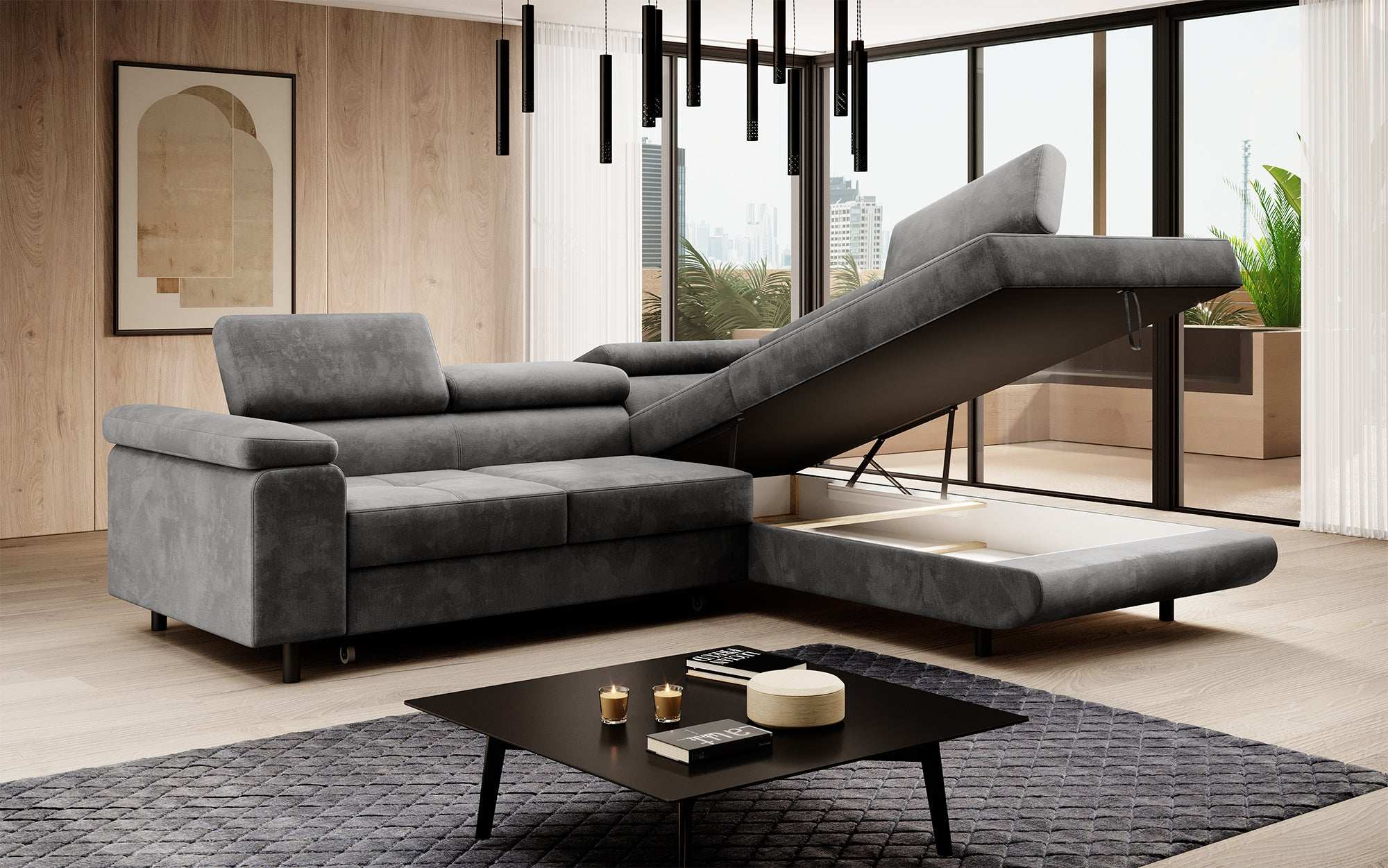 Canapé designer Costa avec fonction couchage et rabattable en Velours