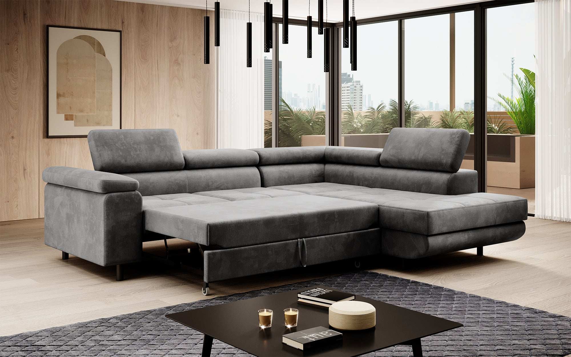Canapé designer Costa avec fonction couchage et rabattable en Velours