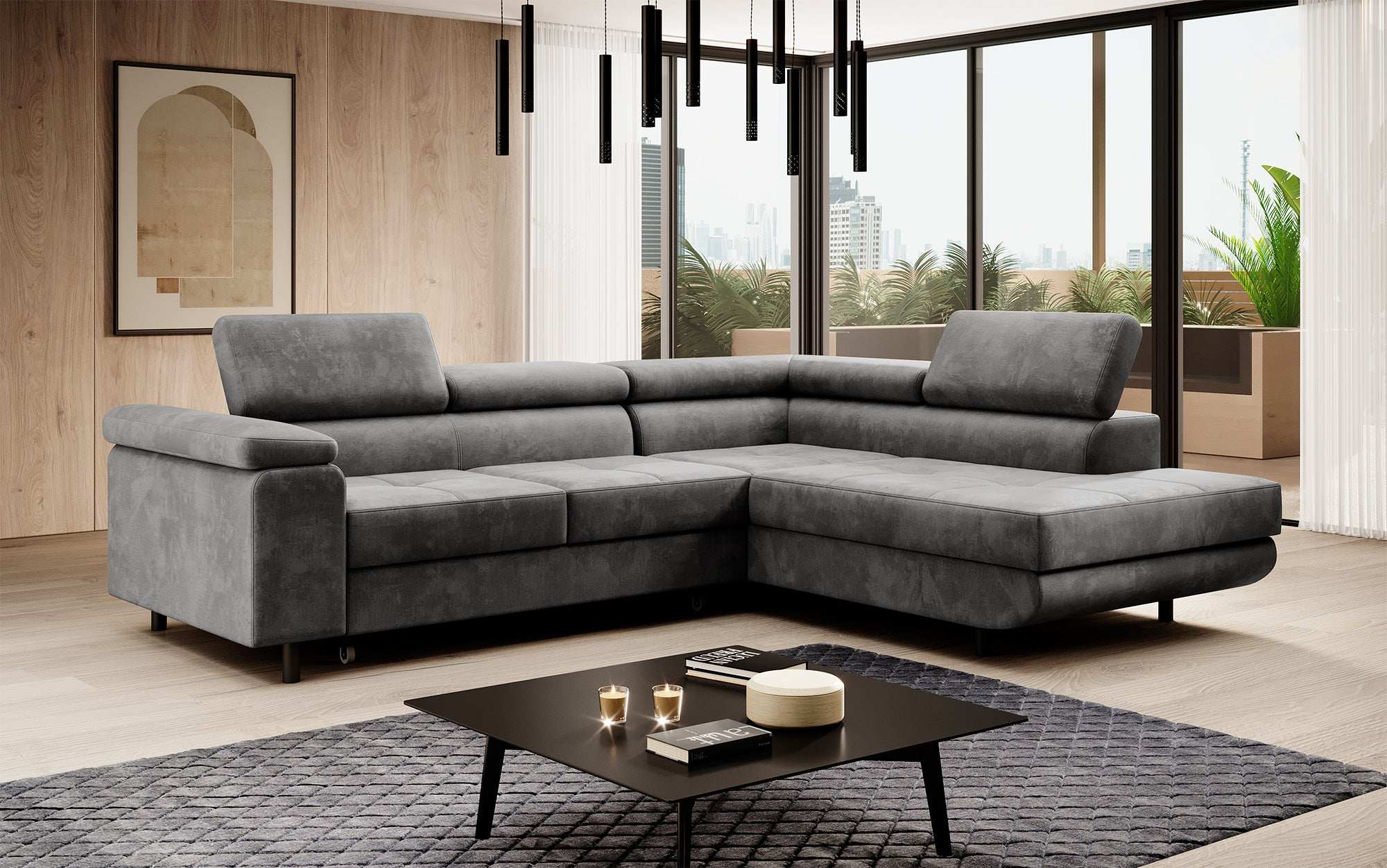 Canapé designer Costa avec fonction couchage et rabattable en Velours