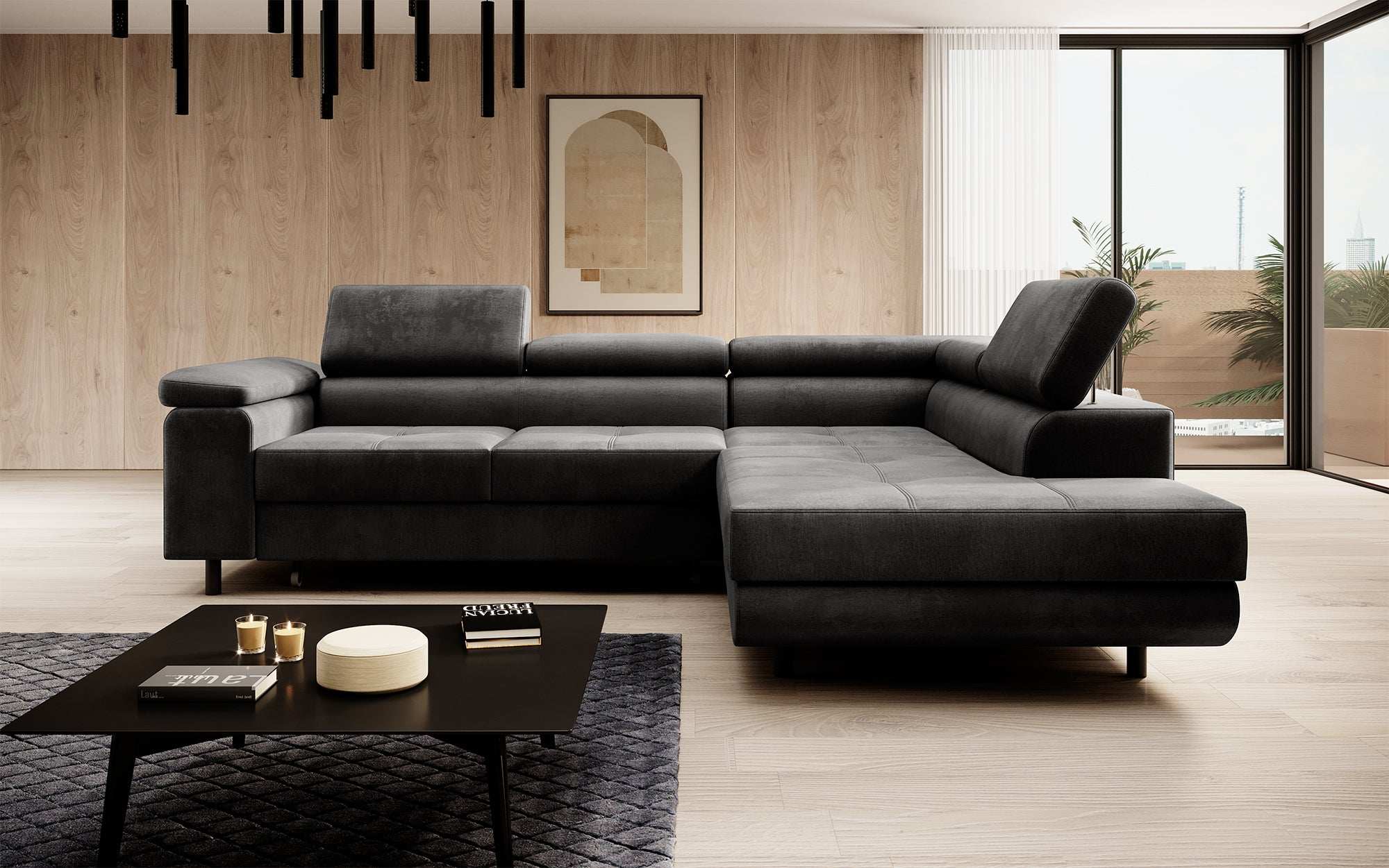 Canapé designer Costa avec fonction couchage et rabattable en Velours