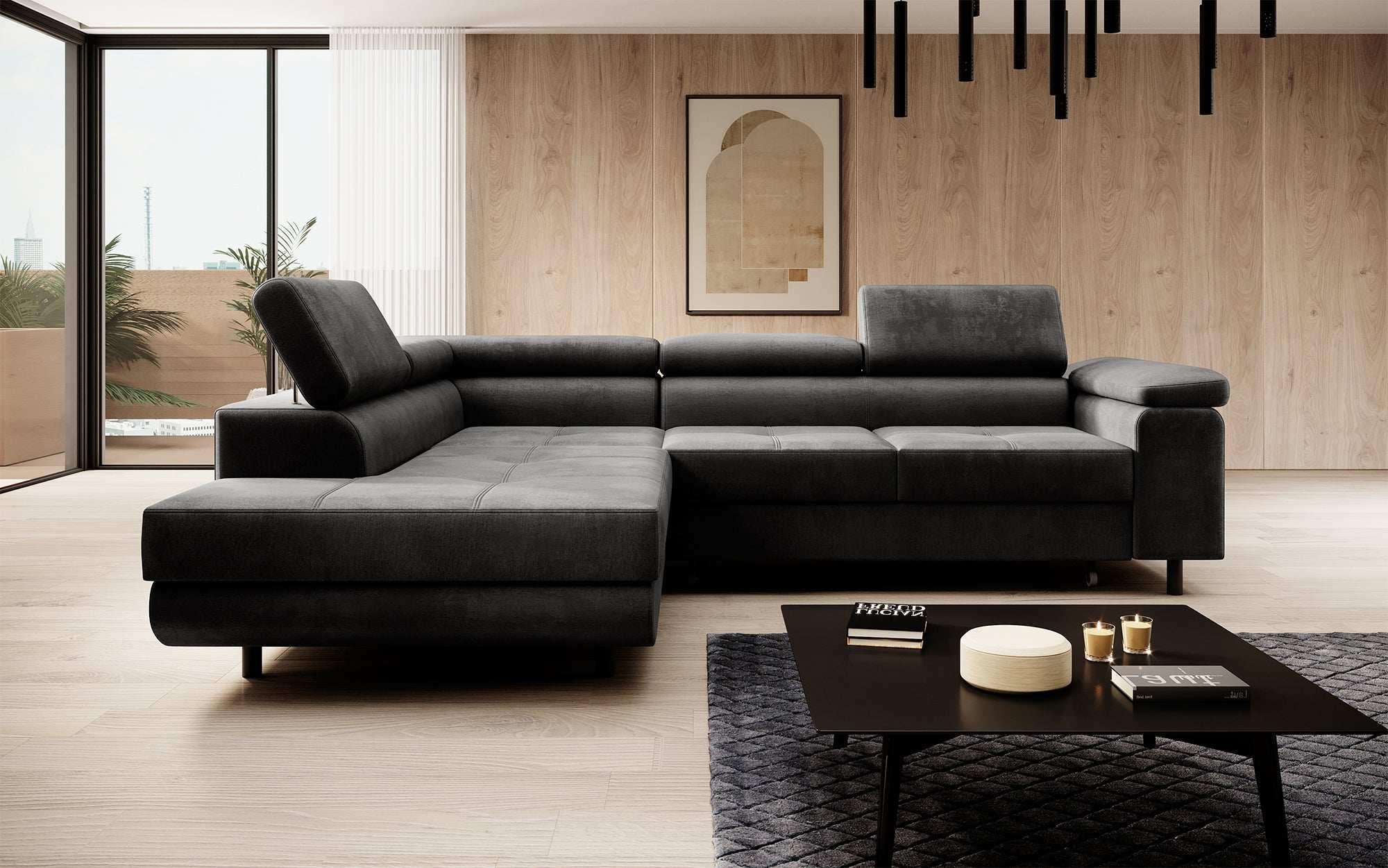 Canapé designer Costa avec fonction couchage et rabattable en Velours