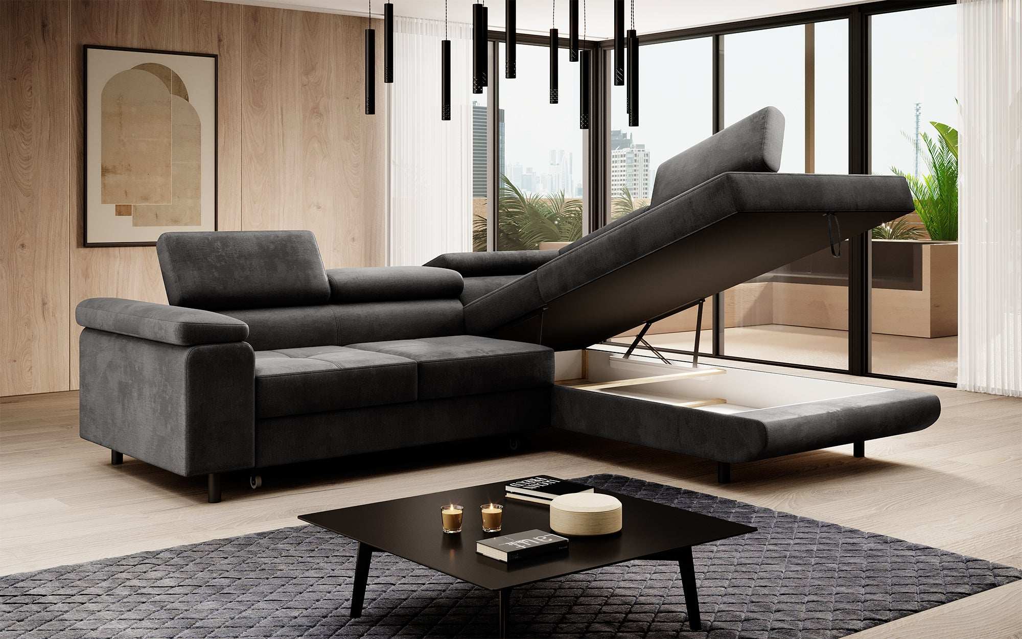Canapé designer Costa avec fonction couchage et rabattable en Velours