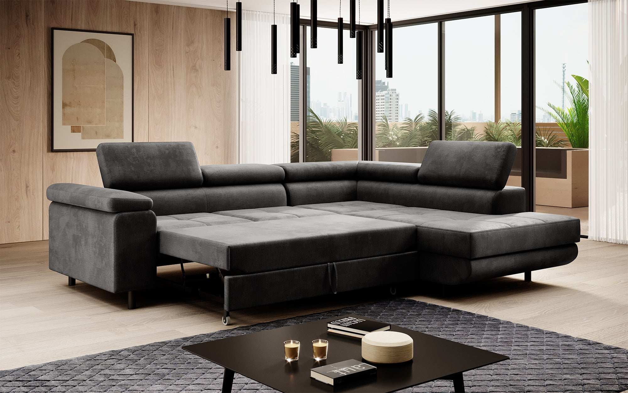 Canapé designer Costa avec fonction couchage et rabattable en Velours