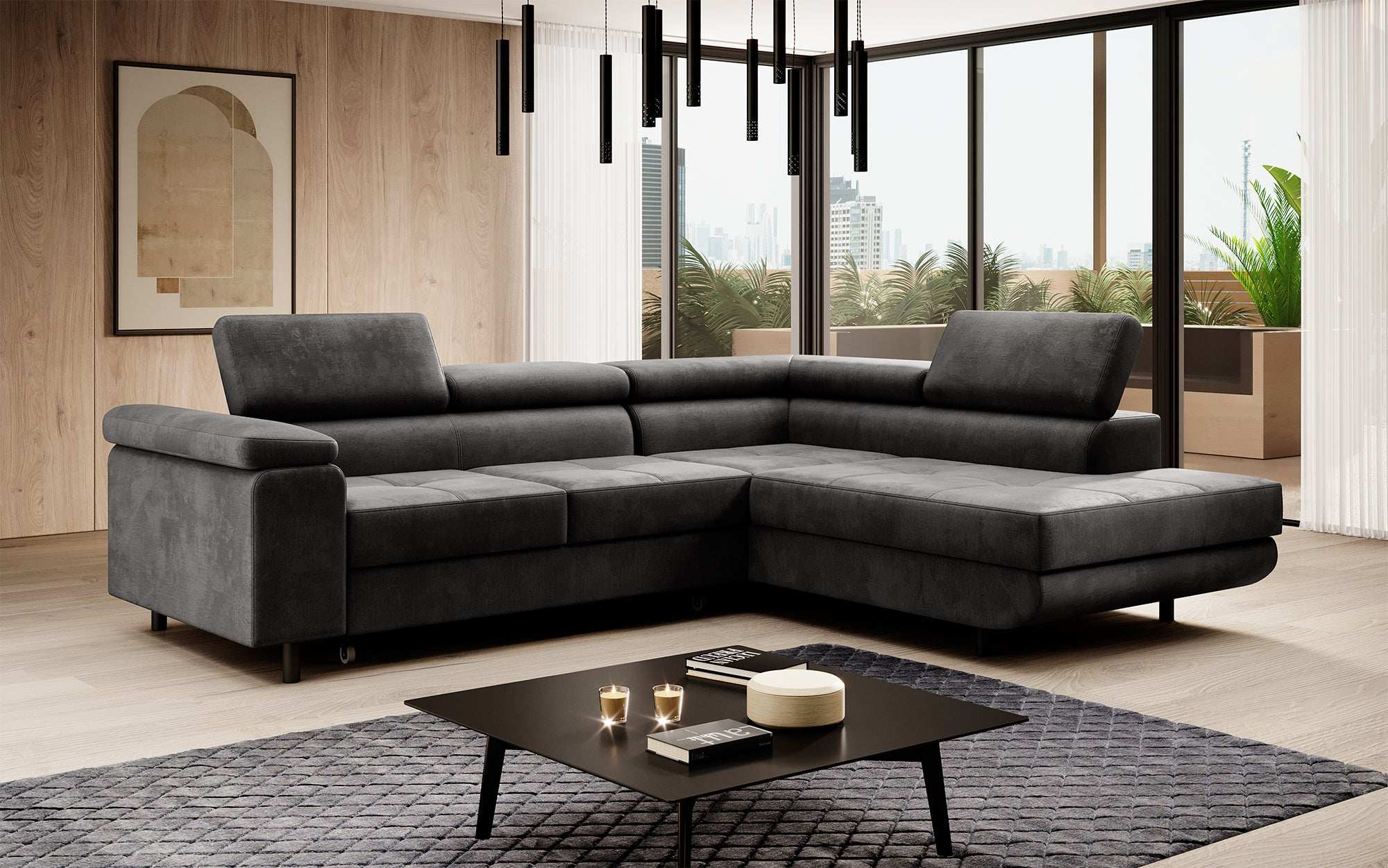 Canapé designer Costa avec fonction couchage et rabattable en Velours