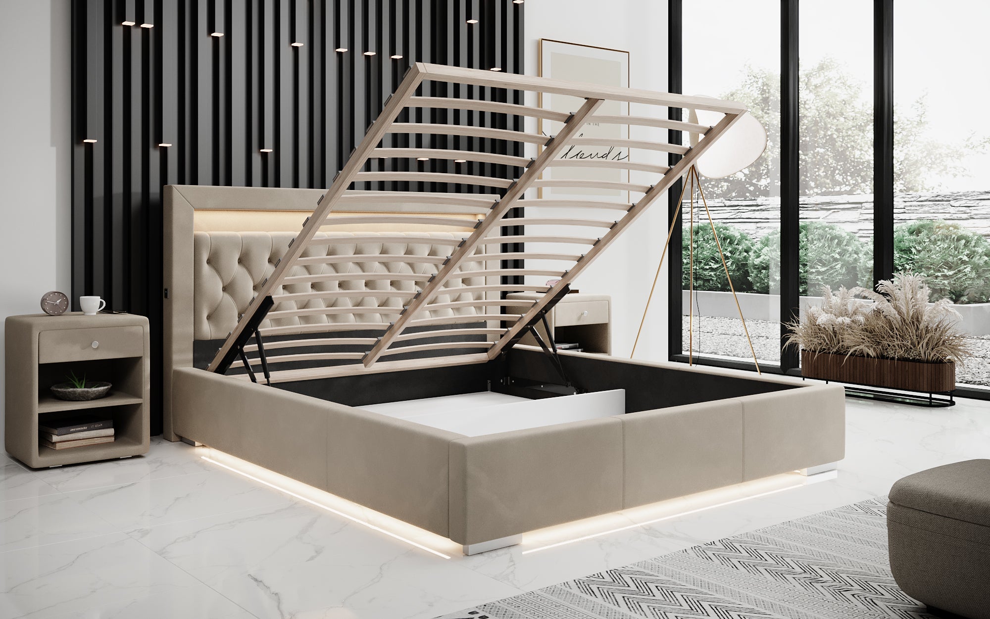 Lit design Ida avec RGB, USB et espace de rangement