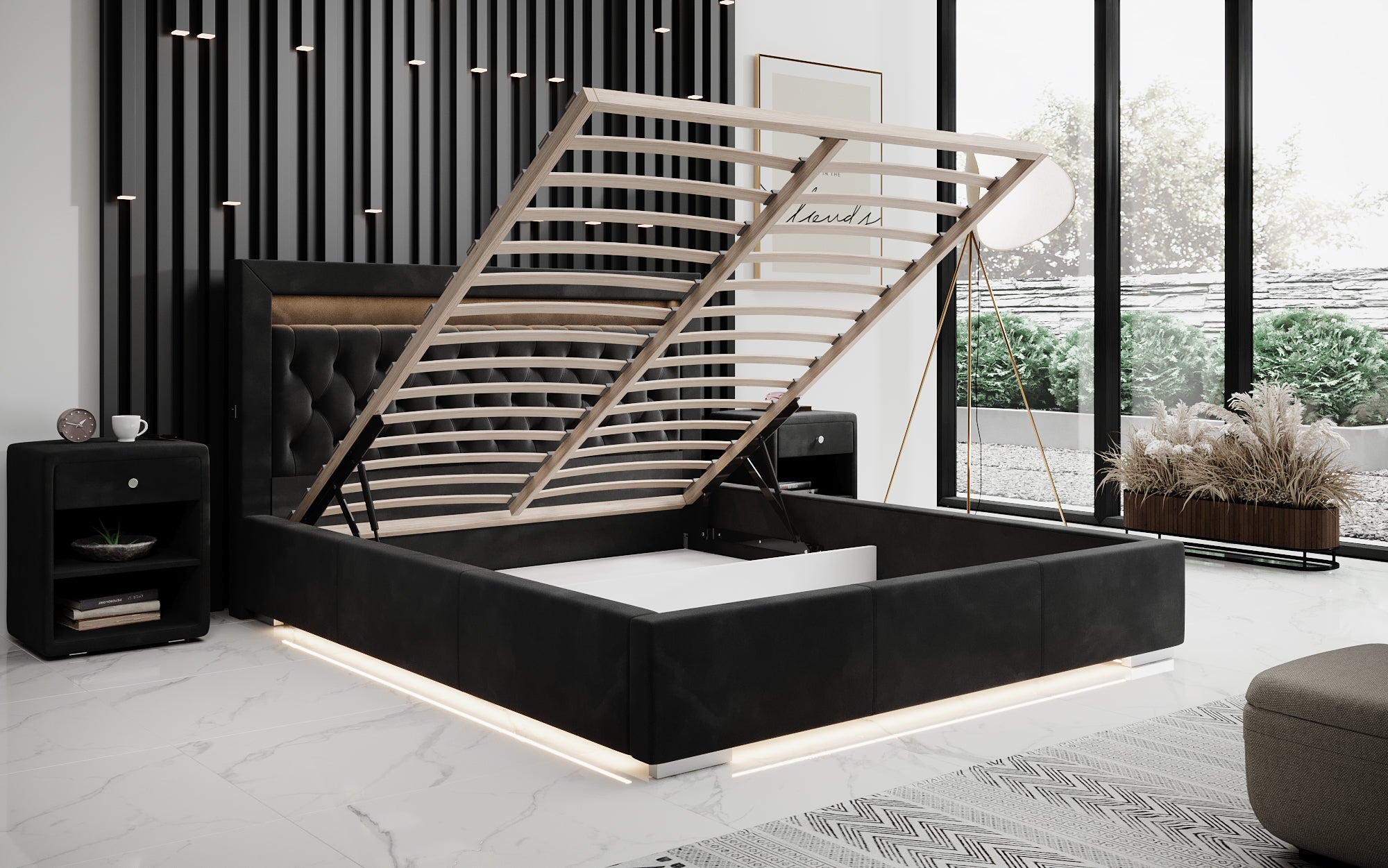 Lit design Ida avec RGB, USB et espace de rangement