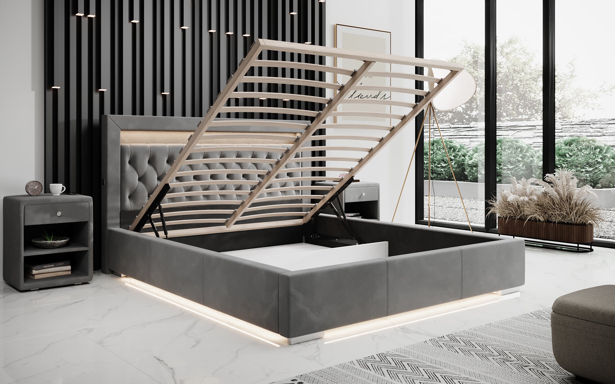 Lit design Ida avec RGB, USB et espace de rangement