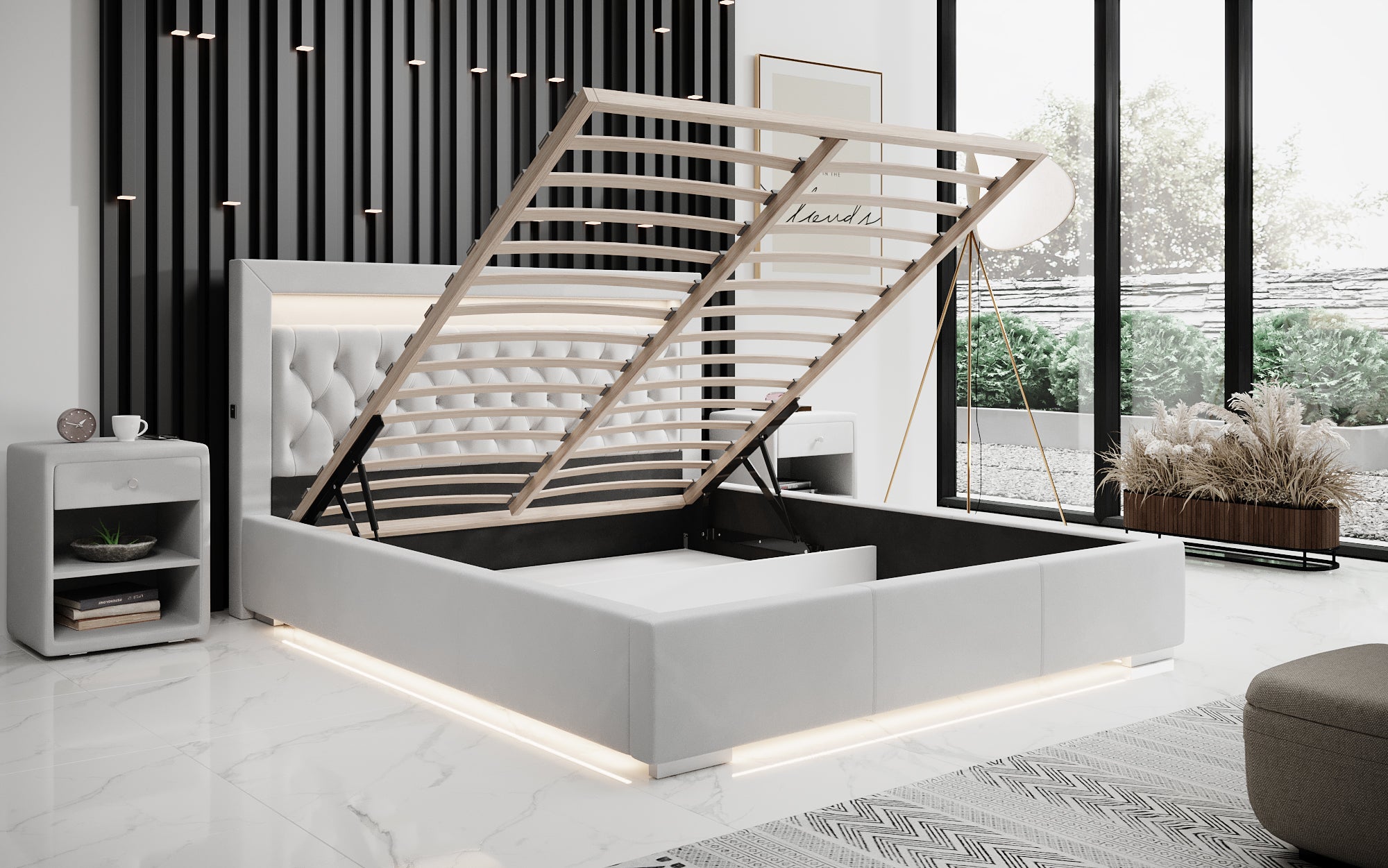 Lit design Ida avec RGB, USB et espace de rangement