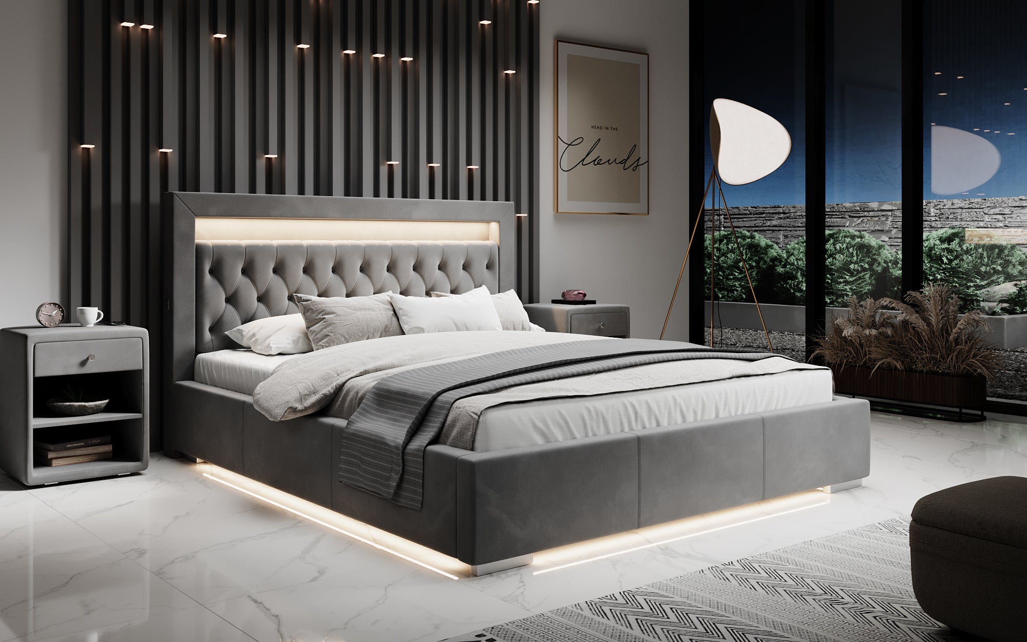 Lit design Ida avec RGB, USB et espace de rangement