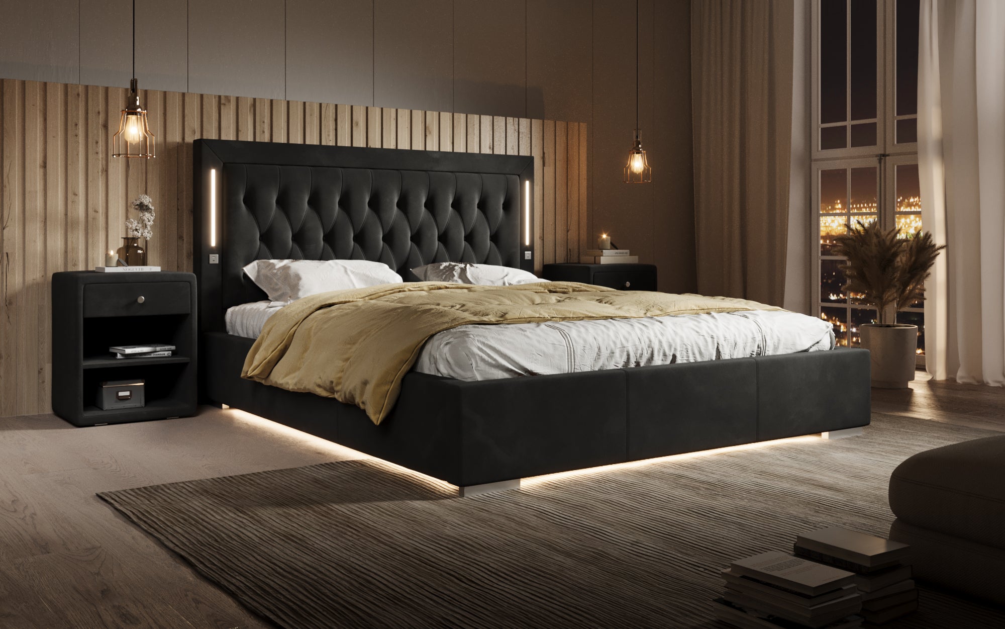 Lit capitonné designer Relina incluant RGB, USB et espace de rangement