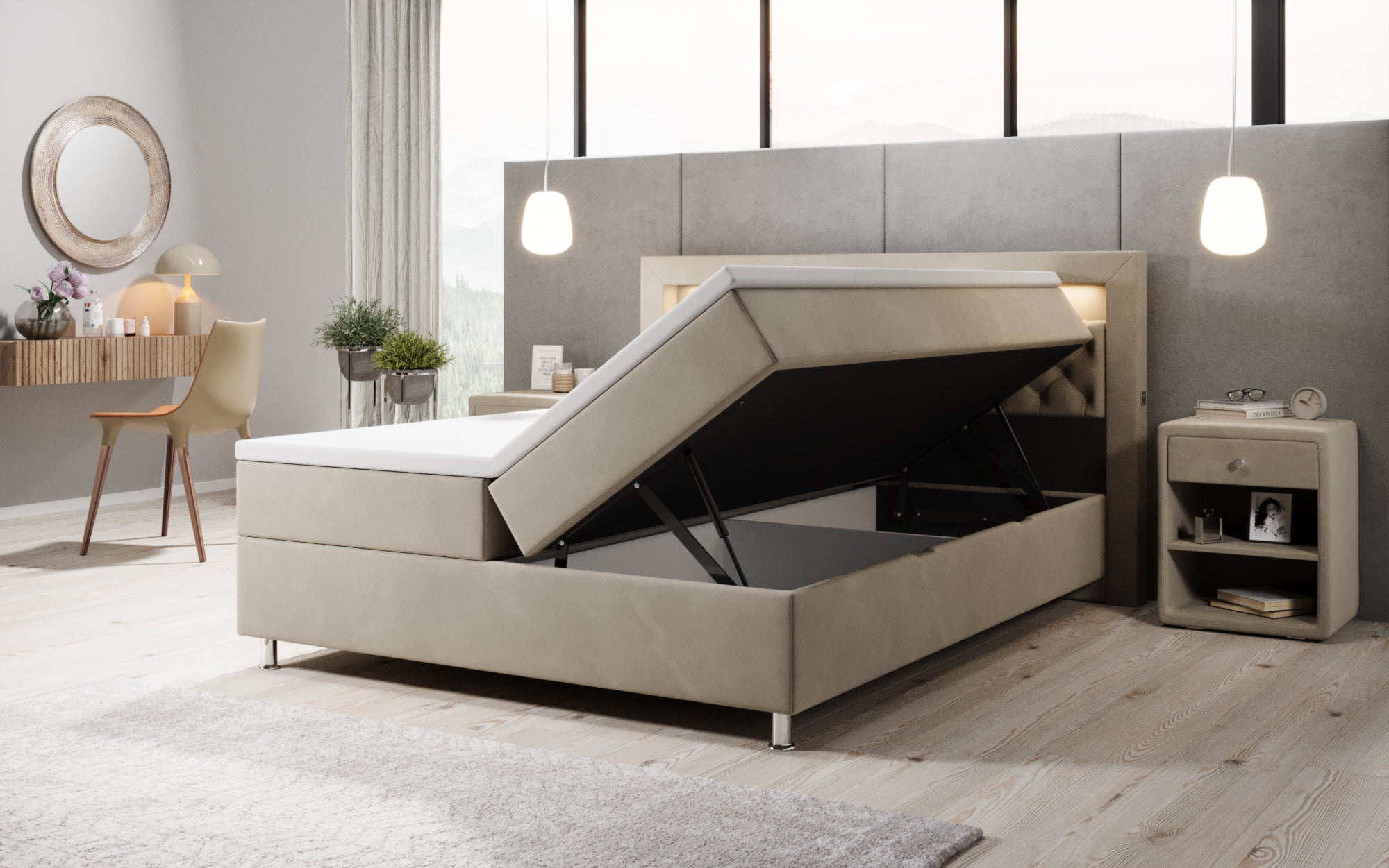 Troja Box Spring Bed with RGB, USB, and Storage