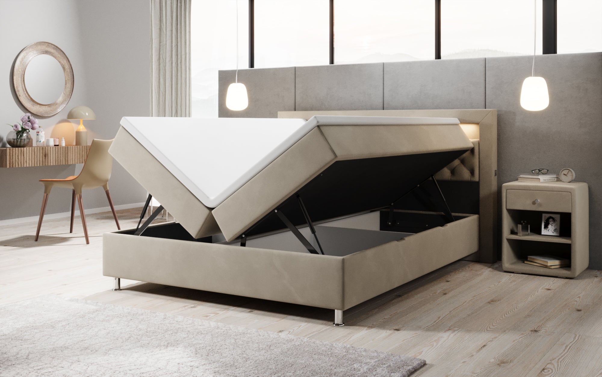 Troja Box Spring Bed with RGB, USB, and Storage