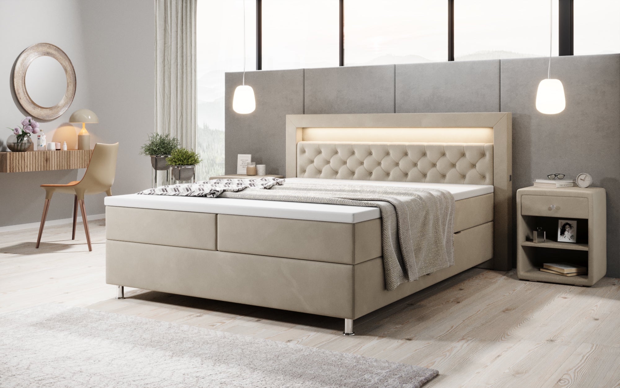 Troja Box Spring Bed with RGB, USB, and Storage