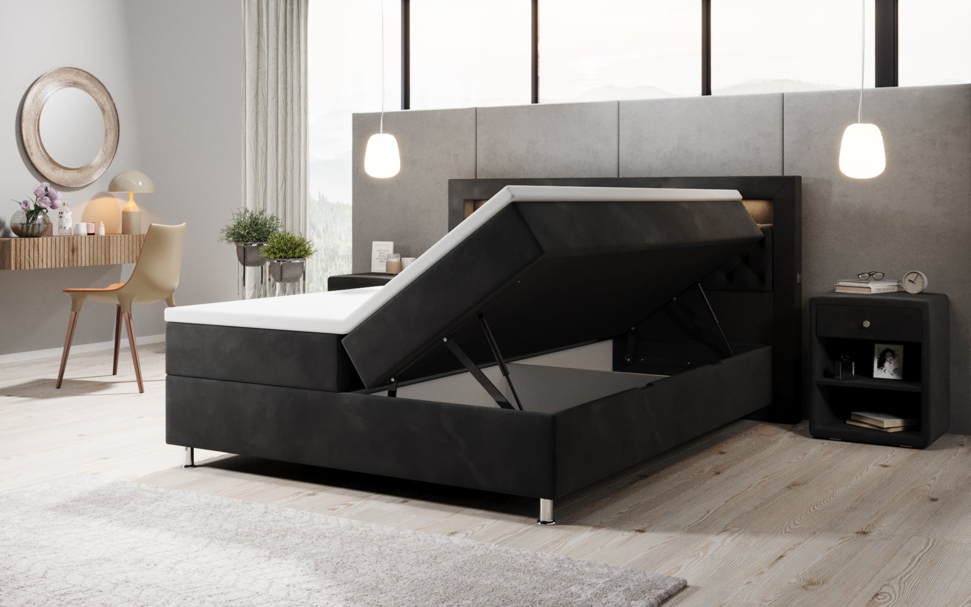 Troja Box Spring Bed with RGB, USB, and Storage