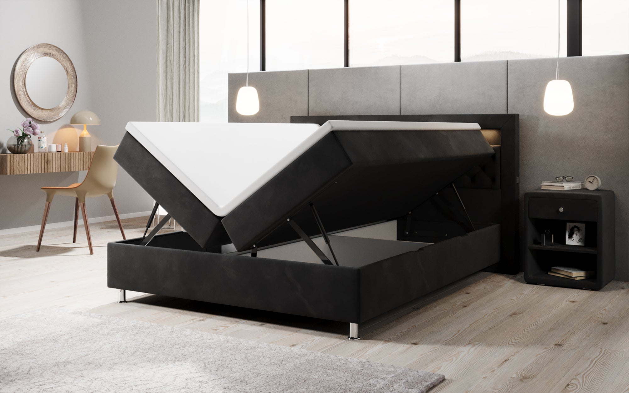 Troja Box Spring Bed with RGB, USB, and Storage