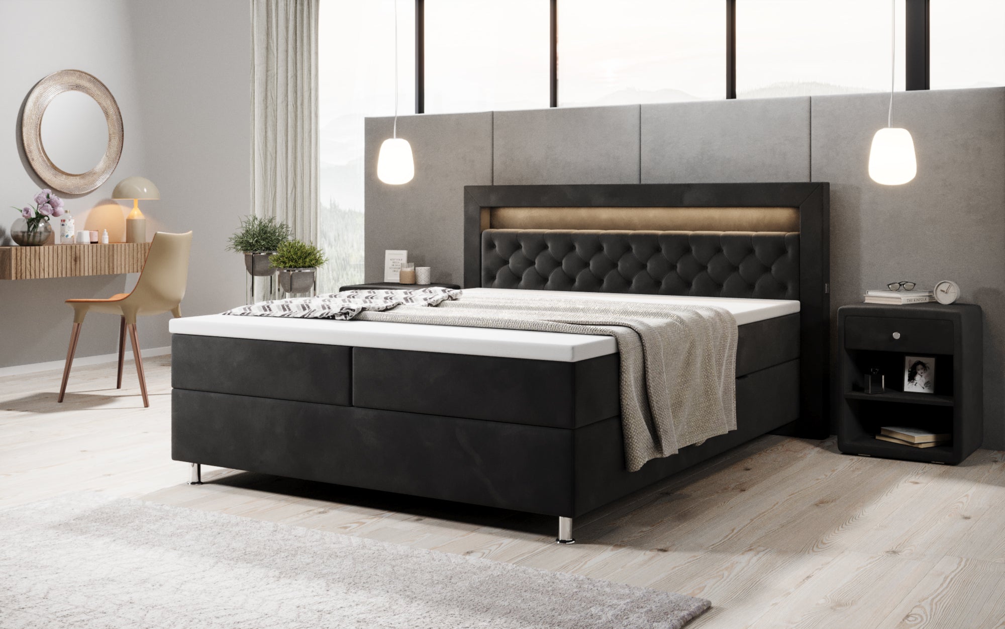 Troja Box Spring Bed with RGB, USB, and Storage
