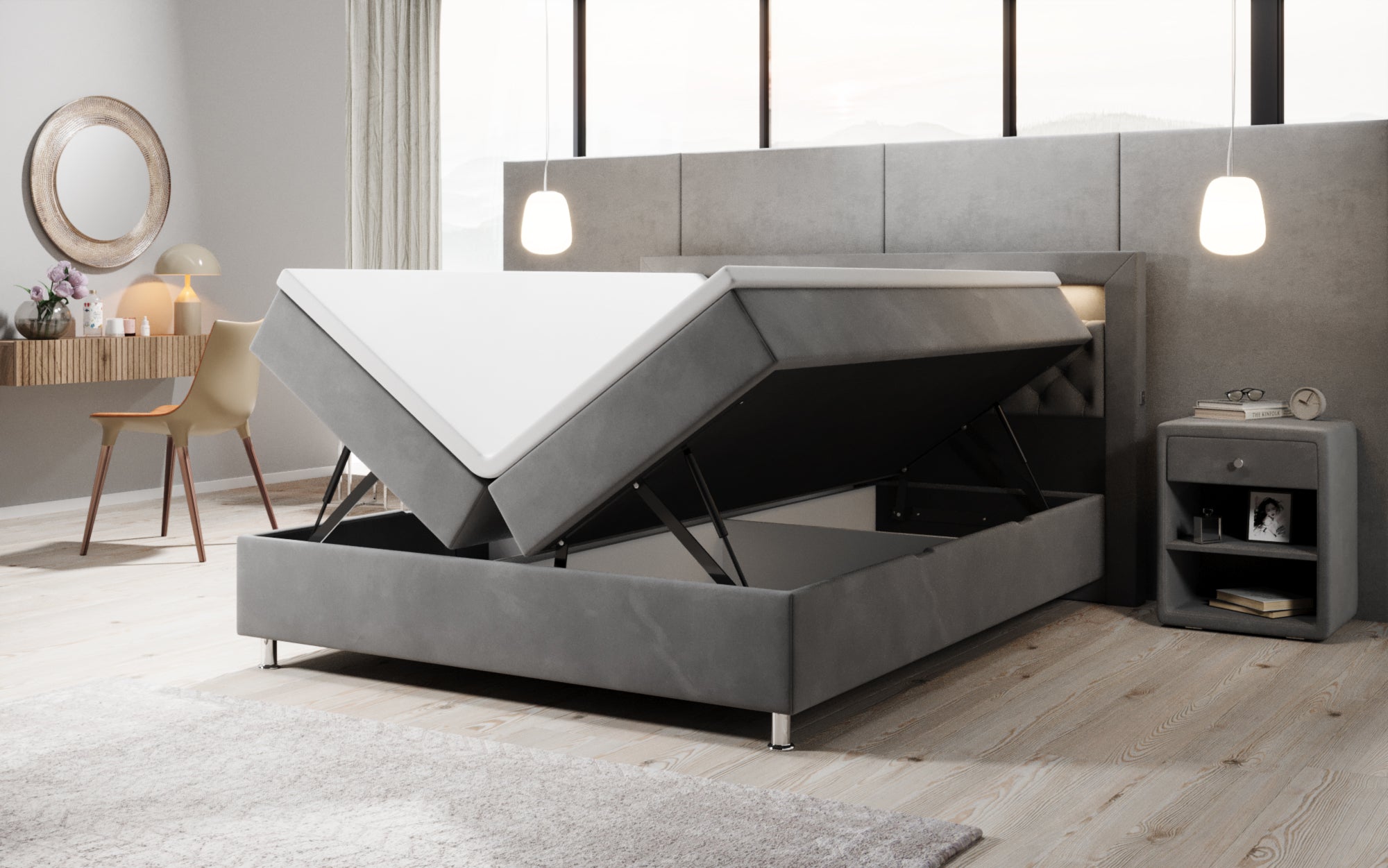 Troja Box Spring Bed with RGB, USB, and Storage