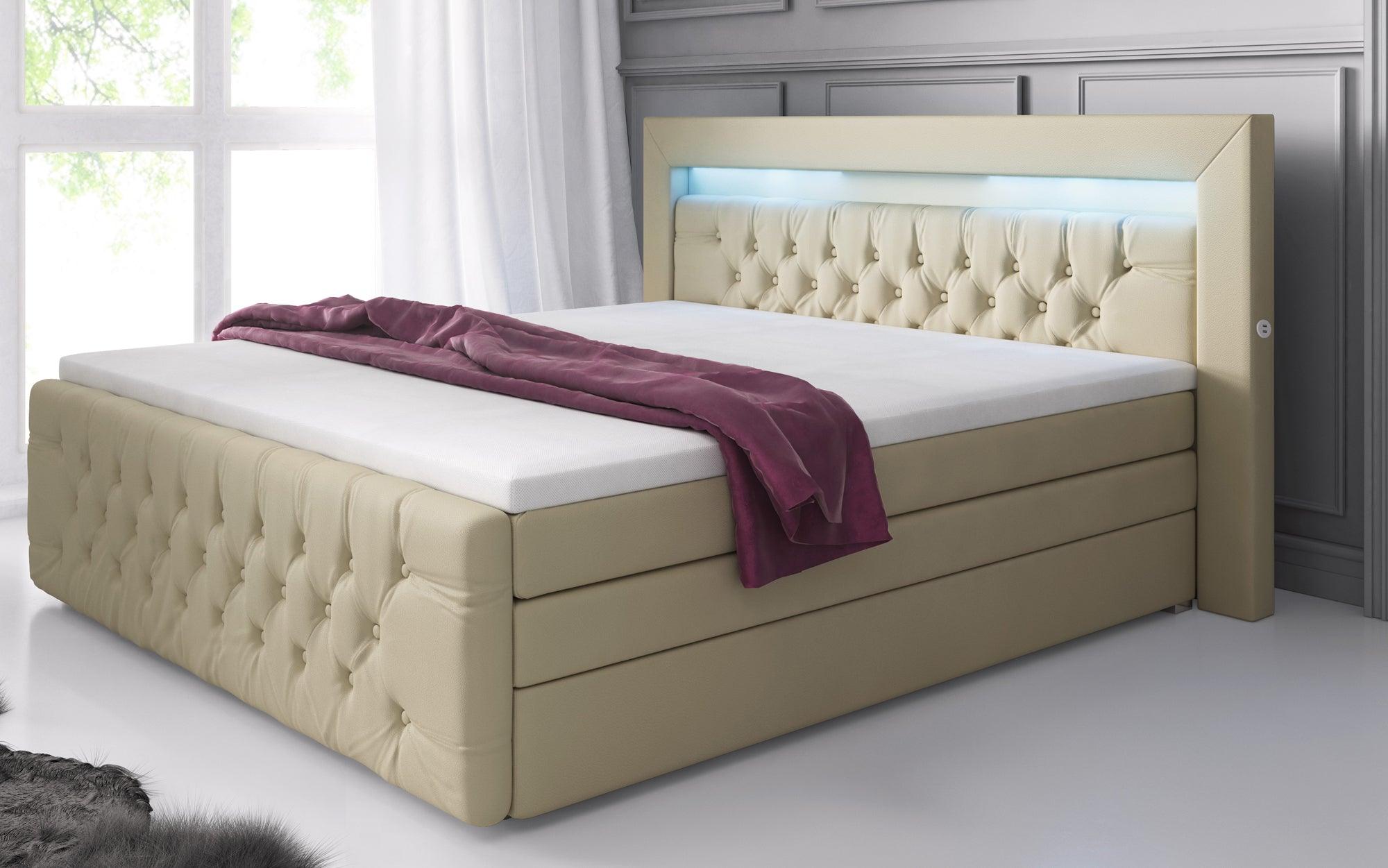 Lit boxspring Sonno avec RGB, USB et espace de rangement