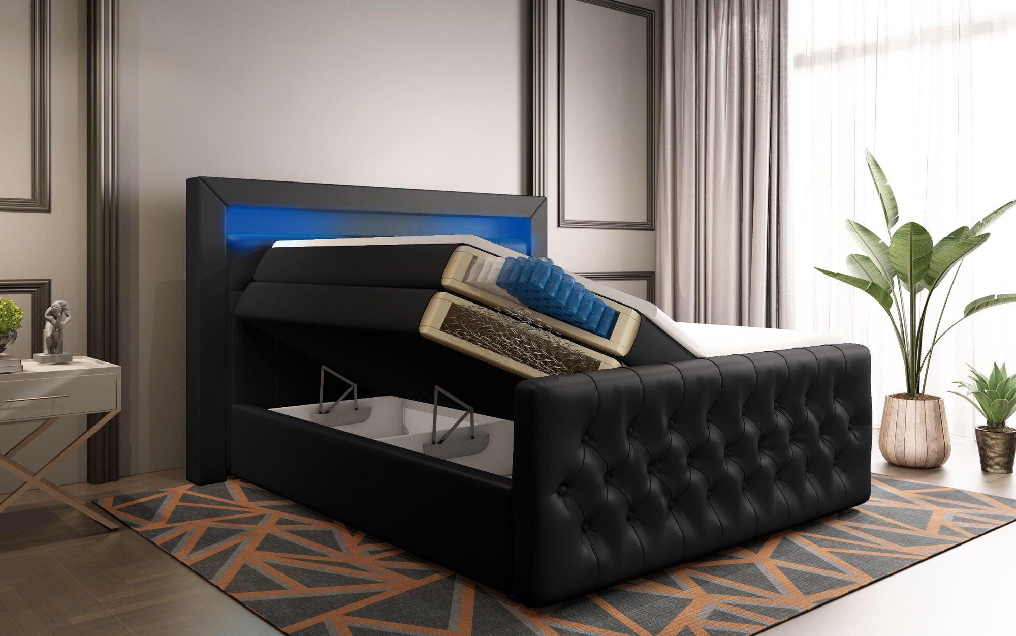 Lit boxspring Sonno avec RGB, USB et espace de rangement